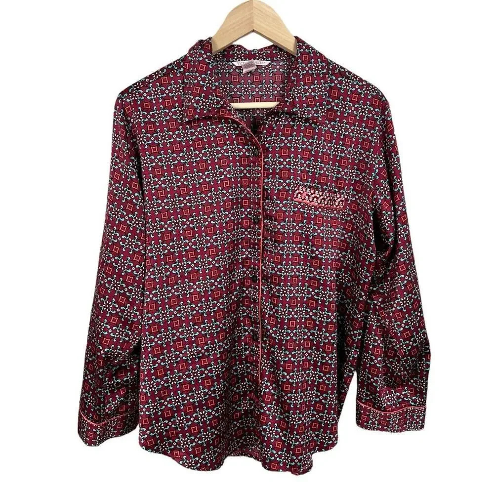 Victoria’s Secret Burgundy Geo Print Button Down Satin Sleep Shirt Size Medium